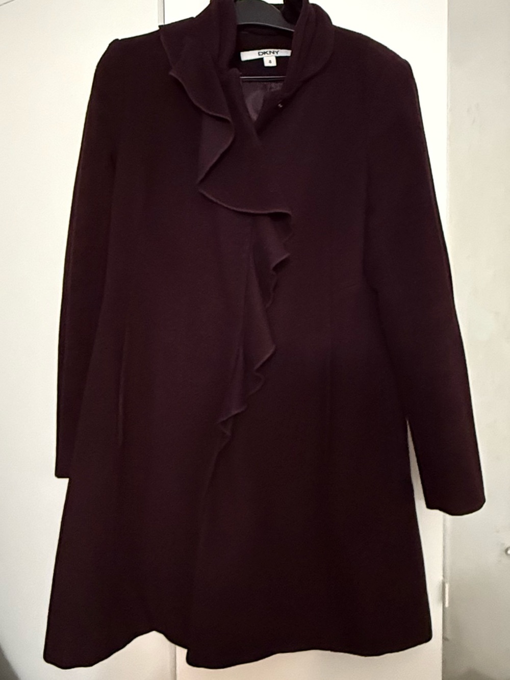 DKNY Long Sleeve Ruffle-Front elegant wool Coat in Deep Burgundy
